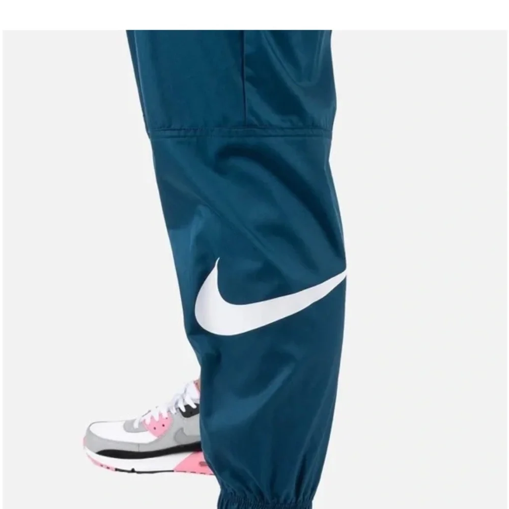 Nike Track Pants Teal Blue Polyester Joggers White Swoosh Elastic Cuffs